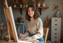 Offrir un atelier créatif : l’idée cadeau personnalisée Femme souriante peignant dans son atelier lumineux