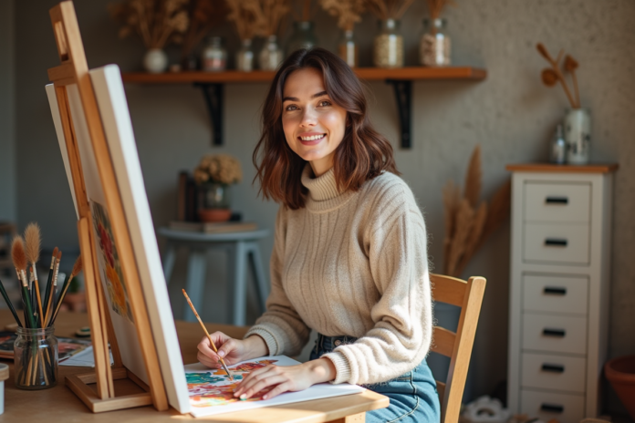 femme-peignant-studio Femme souriante peignant dans son atelier lumineux