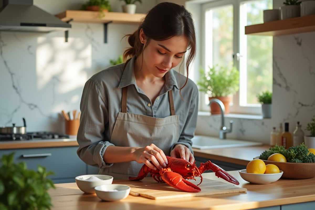 Jeune femme préparant un homard dans une cuisine lumineuse