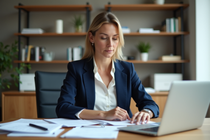 Femme en blazer bleu dans un bureau moderne
