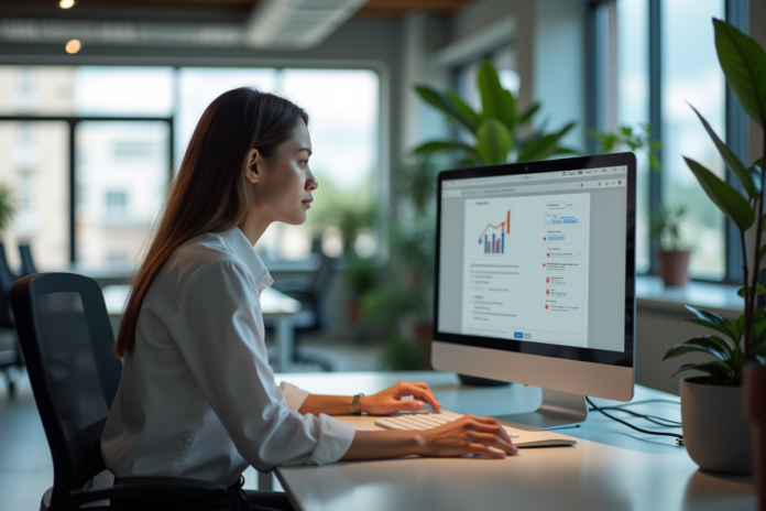 femme-professionnelle-design-ordinateur Jeune femme professionnelle concentrée sur un écran de design