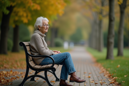 Femme retraitée assise sur un banc dans un parc en automne