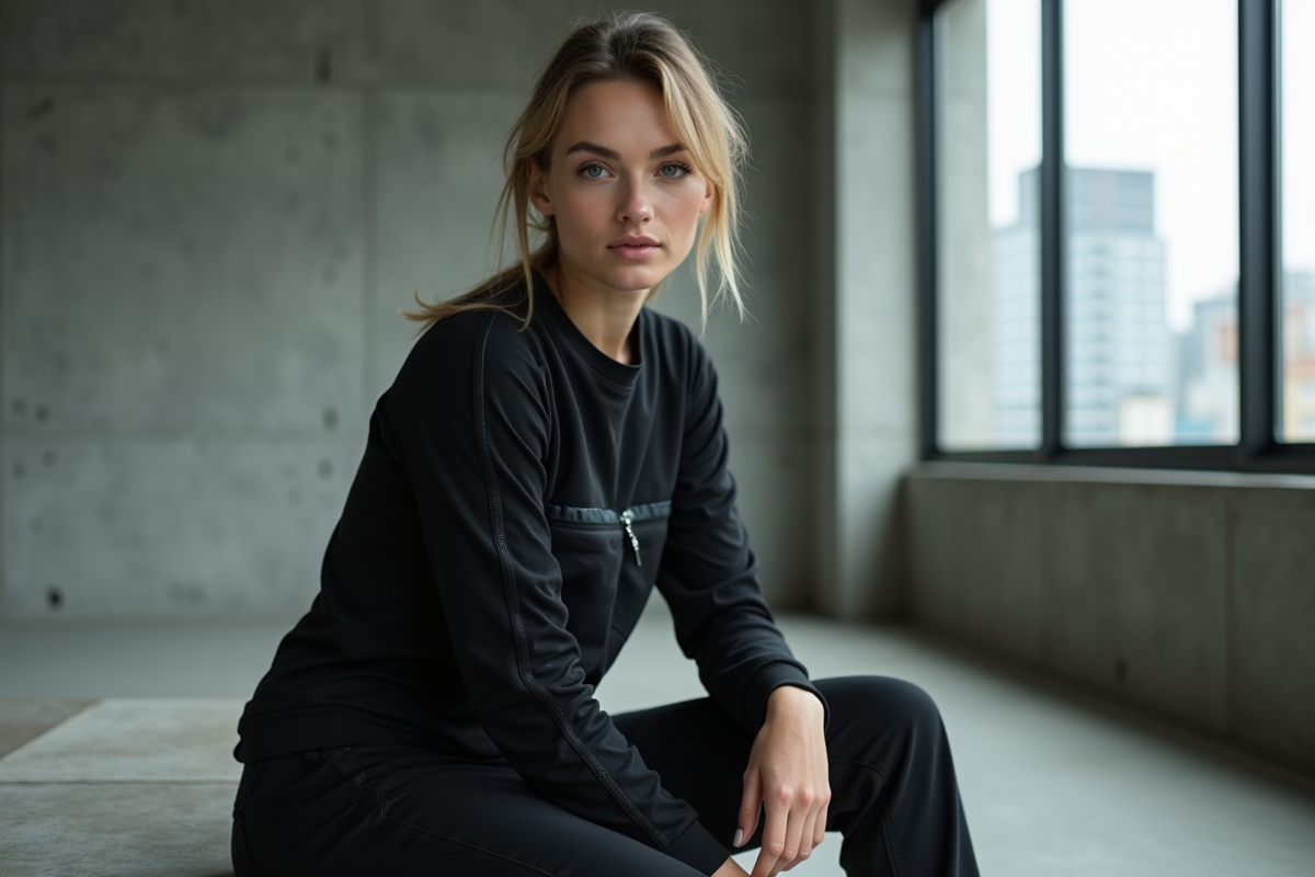 Femme en techwear dans un loft industriel moderne