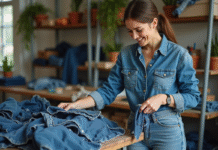 Femme souriante triant des vêtements en denim dans un atelier lumineux