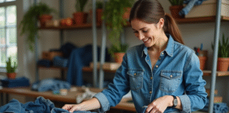 Femme souriante triant des vêtements en denim dans un atelier lumineux