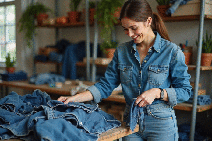 Femme souriante triant des vêtements en denim dans un atelier lumineux