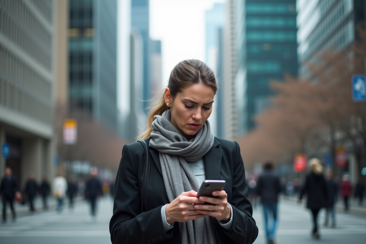 Femme d affaires vérifiant son smartphone en ville
