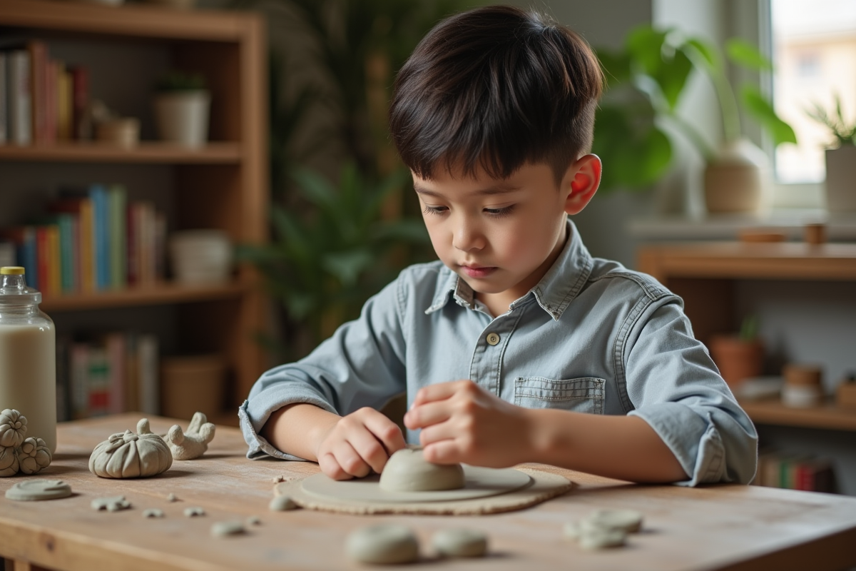 Jeune garçon sculptant de l