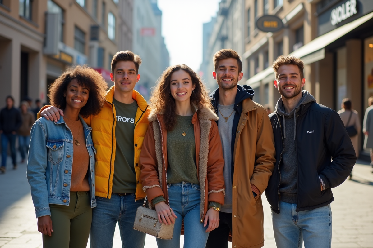 Groupe de jeunes en vêtements tendance en ville