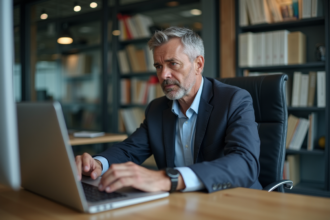 Homme d'affaires réfléchi au bureau avec ordinateur