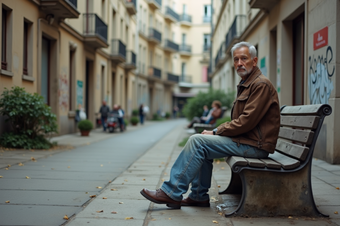 homme-assis-paris-courtyard Homme d'âge moyen assis seul dans une cour parisienne