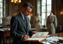 Styliste mondialement reconnu : Qui fut le premier à marquer l’histoire de la mode ? Homme élégant en costume ancien dans un atelier parisien