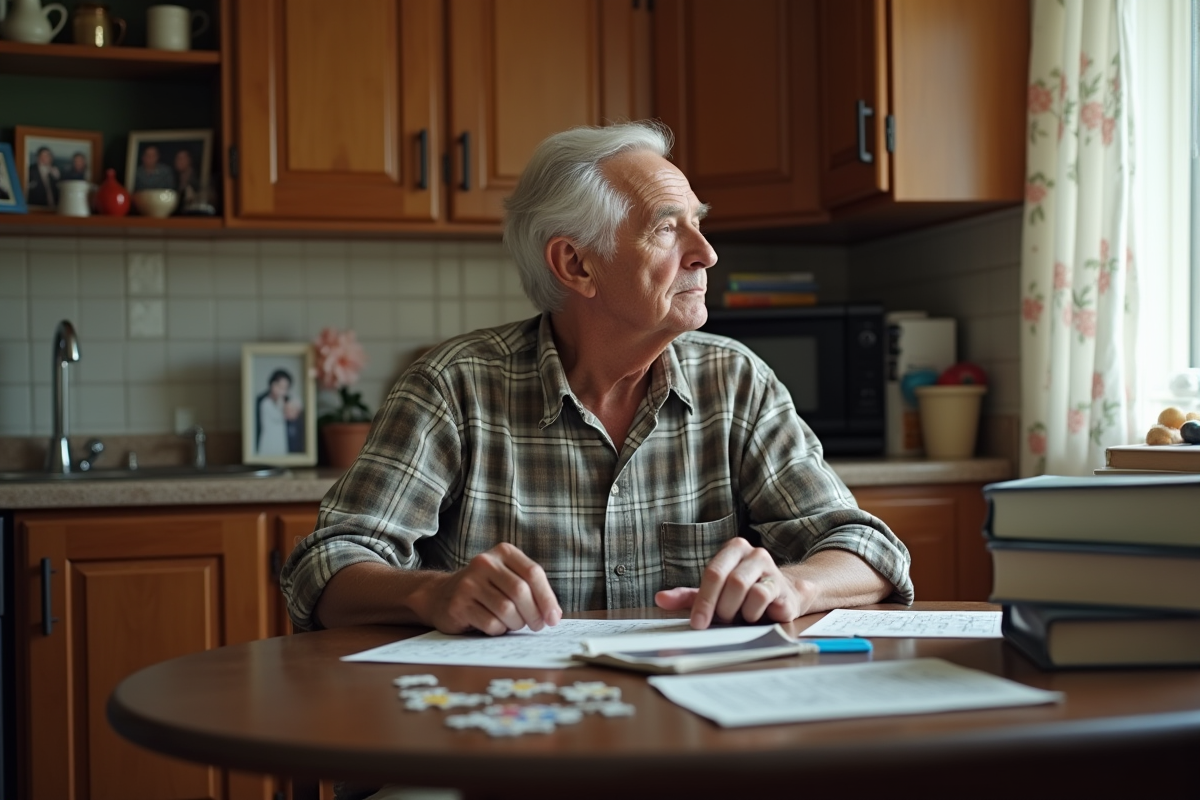 Homme âgé pensif dans une cuisine avec puzzles et livres