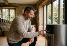 Chaleur et esthétique : le défi du poêle nouvelle génération Homme d'âge moyen ajustant un poêle moderne dans un salon chaleureux