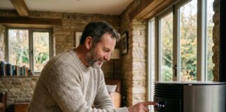 Chaleur et esthétique : le défi du poêle nouvelle génération Homme d'âge moyen ajustant un poêle moderne dans un salon chaleureux