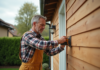 Comment poser un bardage en clin de bois : guide pratique Homme en overalls posant du bois sur une maison moderne