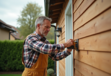 Homme en overalls posant du bois sur une maison moderne