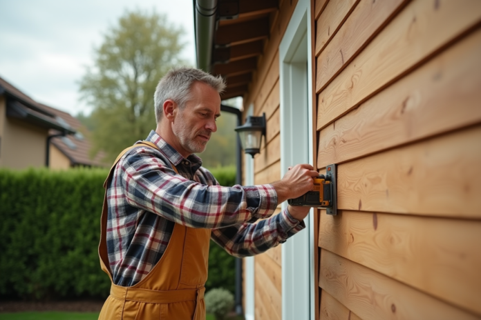 Homme en overalls posant du bois sur une maison moderne