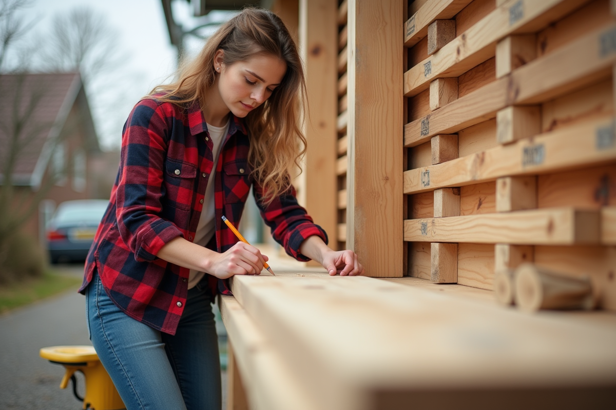 Jeune femme mesurant une planche de bois en extérieur