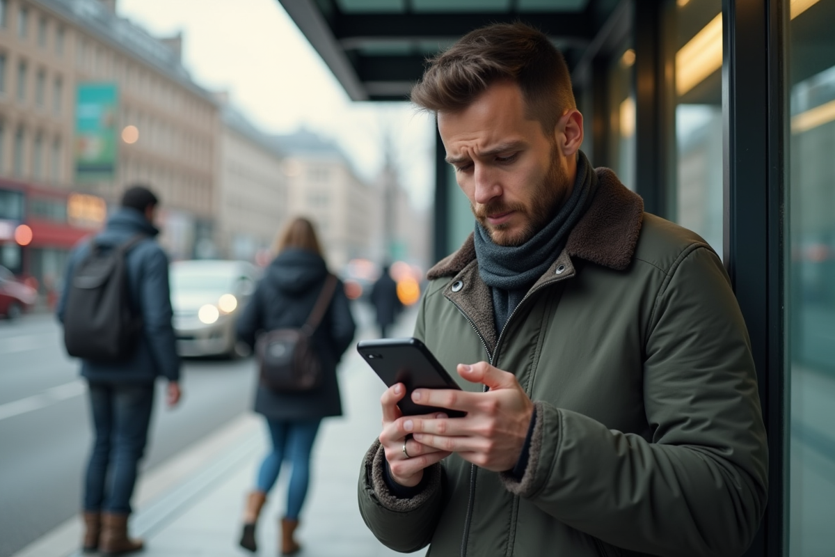 Jeune homme vérifiant son compte bancaire sur son téléphone dans la rue