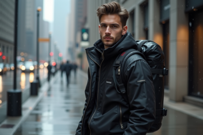 Jeune homme en techwear futuriste dans la ville pluvieuse