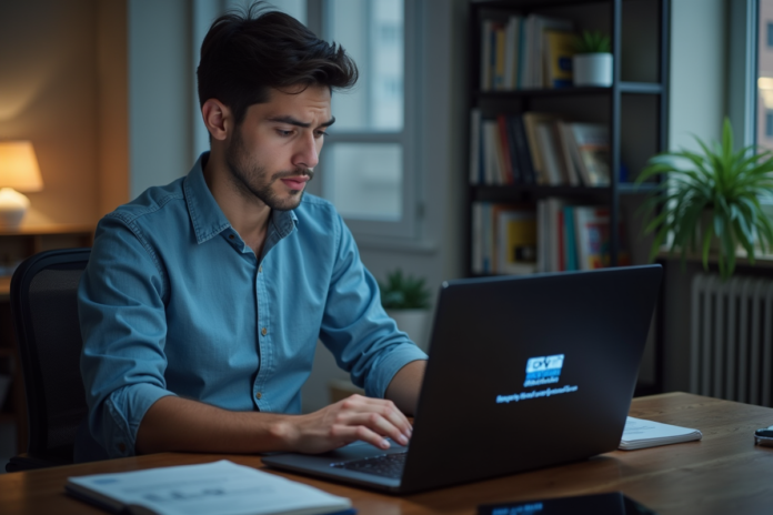 jeune-homme-vpn-restriction Jeune homme concentré sur son ordinateur avec VPN bloqué