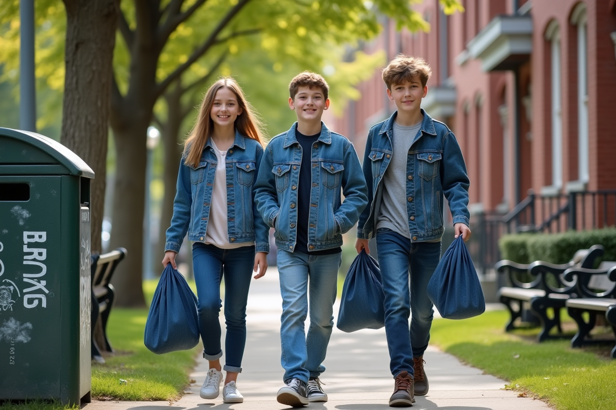 Adolescents portant des vestes en denim recyclé lors d’un dépôt communautaire