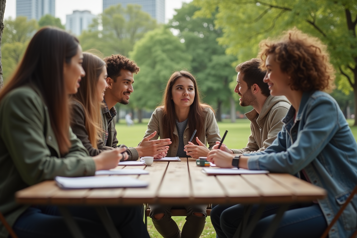 Groupe de jeunes adultes discutant dans un parc en plein air