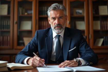 Notaire en costume bleu examinant des documents dans son bureau