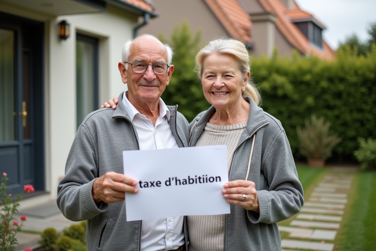 Couple retraité heureux devant leur maison avec document