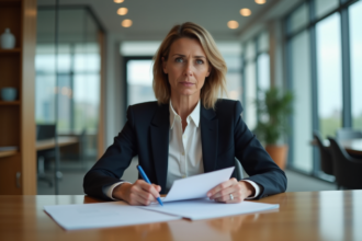 Femme d affaires signant des papiers dans un bureau moderne