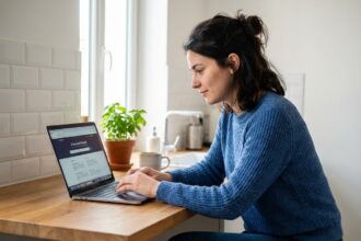 Jeune femme française utilisant un ordinateur portable à la maison