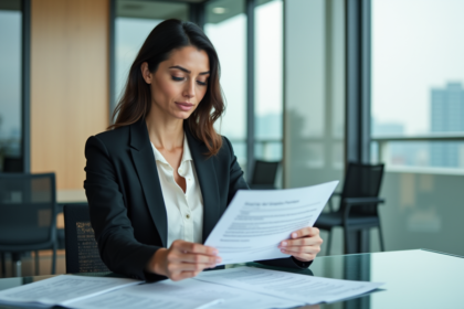 Femme en costume analysant un rapport financier dans un bureau moderne