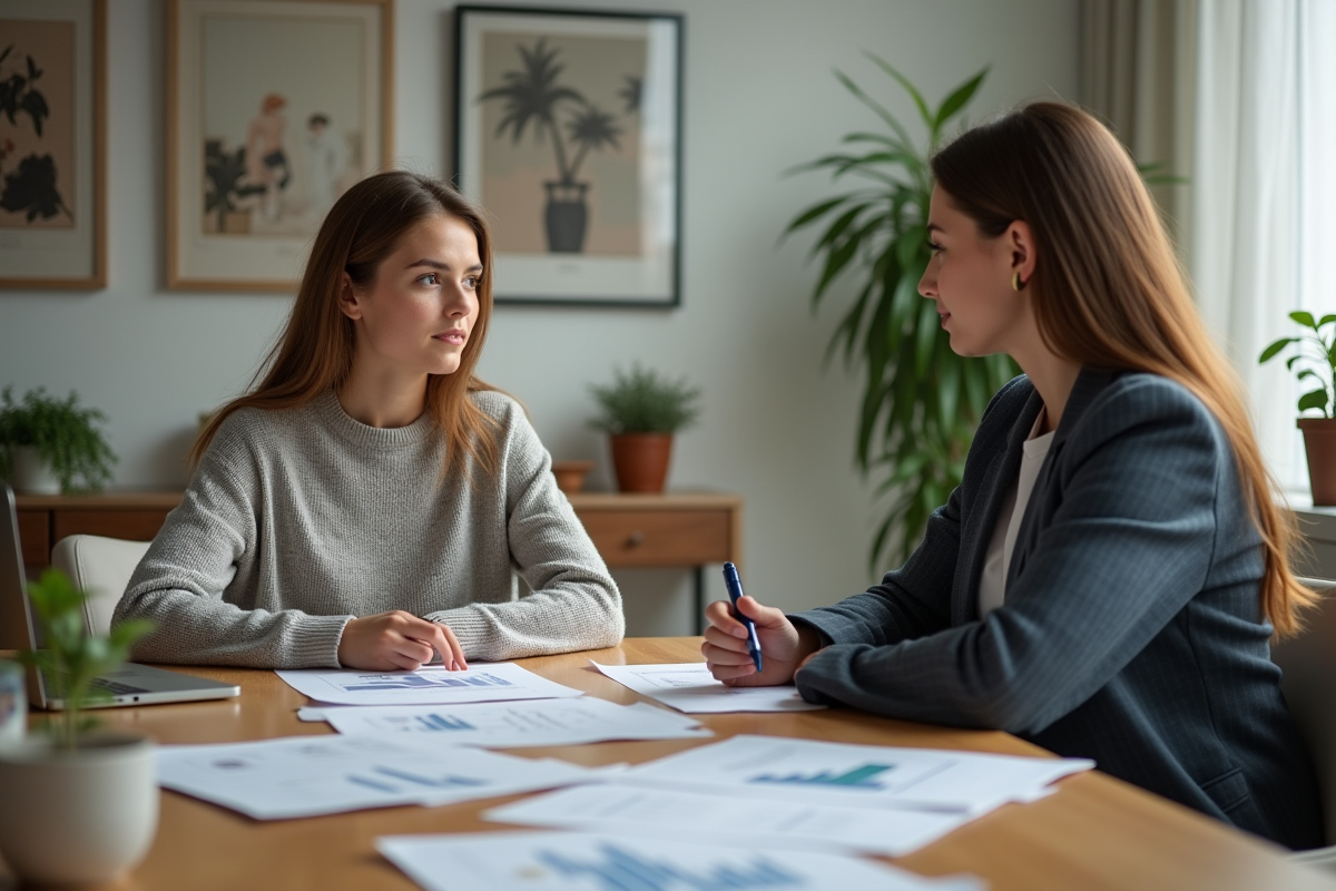 Femme consultante discutant avec un conseiller dans un bureau moderne