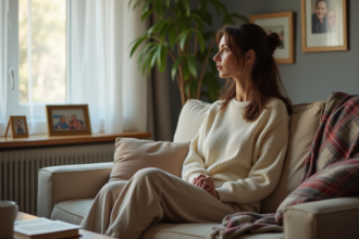 Femme assise sur un canapé dans un salon chaleureux