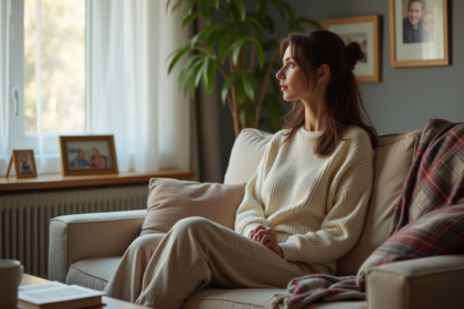 Femme assise sur un canapé dans un salon chaleureux