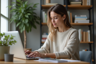 Femme en télétravail dans un bureau à domicile