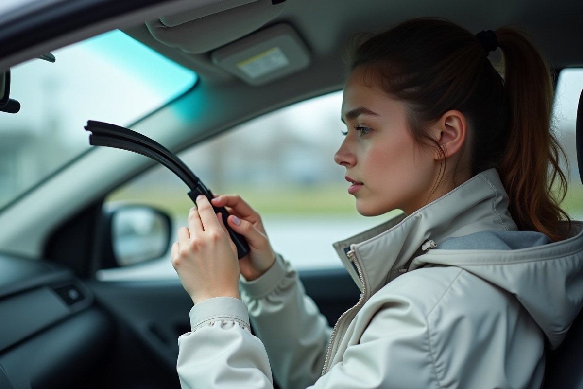 Jeune femme inspectant un essuie-glace dans sa voiture