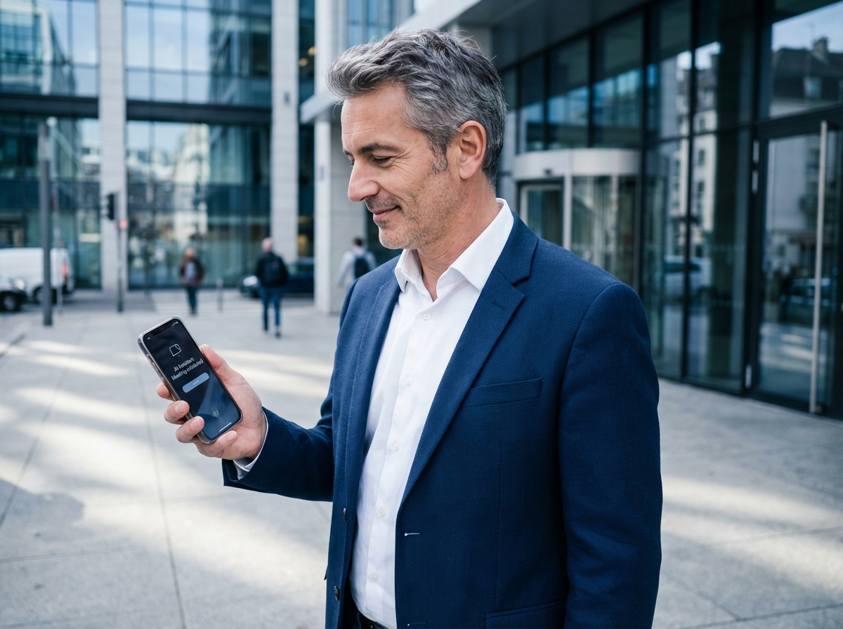 Homme français vérifiant une application AI devant un bâtiment moderne