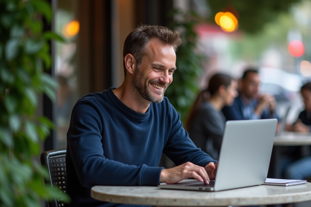 Homme en pull regardant des données sur un ordinateur dans un café