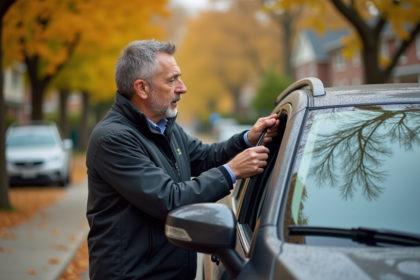 Homme d'âge moyen installant un balai d'essuie-glace universel