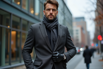 Homme en costume hiver devant un bâtiment moderne