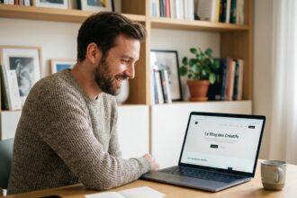 Homme français travaillant sur un ordinateur portable dans un bureau lumineux