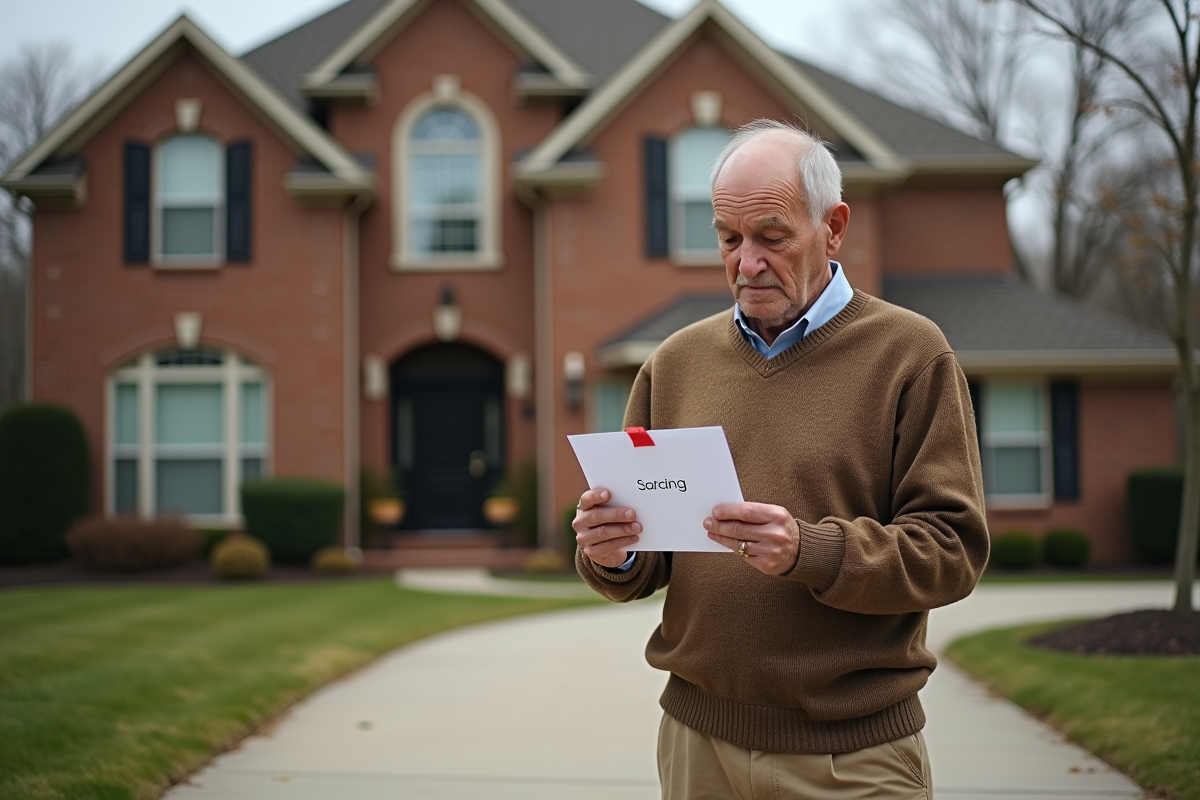 Homme pensif devant sa maison avec enveloppe hypothécaire