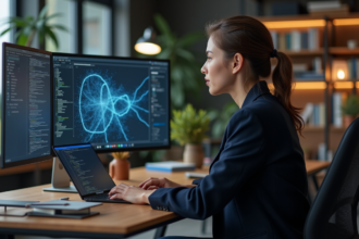 Jeune femme en blazer regardant un code neural network