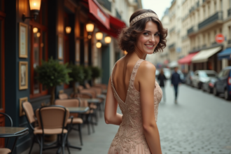 Jeune femme en robe flapper dans une rue parisienne