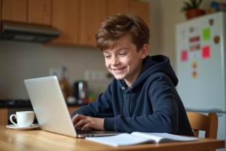 Jeune garçon souriant vérifiant ses résultats d'examen sur un ordinateur portable