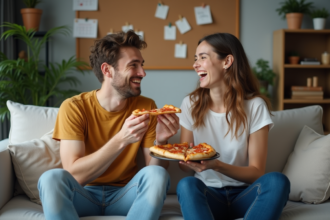 Deux jeunes adultes rient en partageant une pizza dans un salon convivial