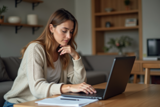 Maman lisant attentivement sur son ordinateur à la maison