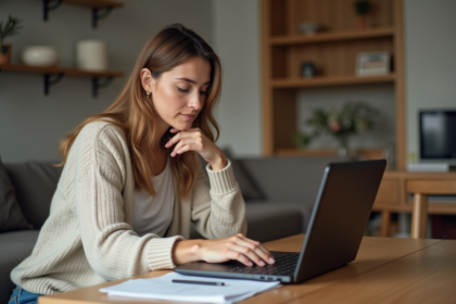Maman lisant attentivement sur son ordinateur à la maison